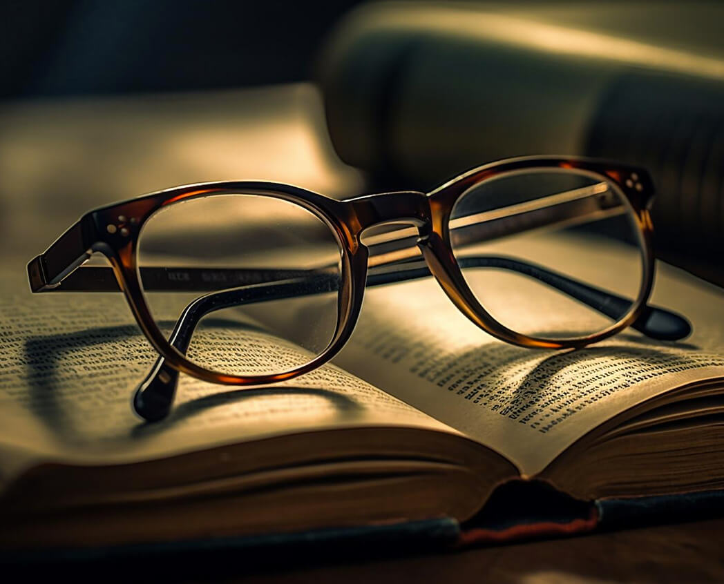 A pair of glasses resting on an open book, illuminated by soft, warm lighting, creating an inviting reading atmosphere.
