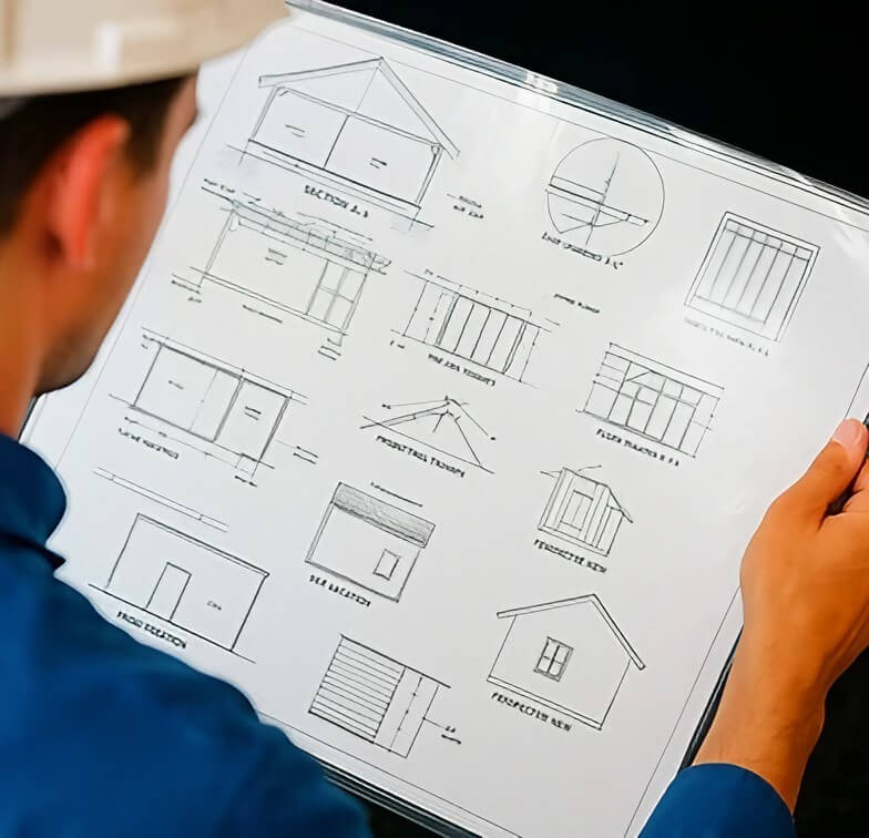 A person examines technical architectural drawings featuring multiple house designs, elevations, and detailed construction views.