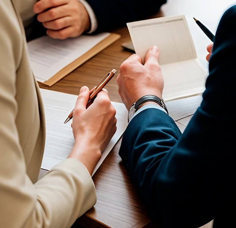 Close-up of hands holding pens and documents during a business meeting at a wooden table. Two people engaged in discussion.