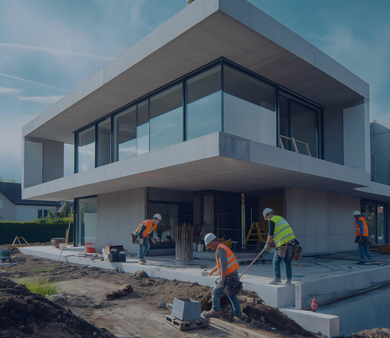 Construction workers collaborating on the framework of a new home, wearing safety gear and using various tools.