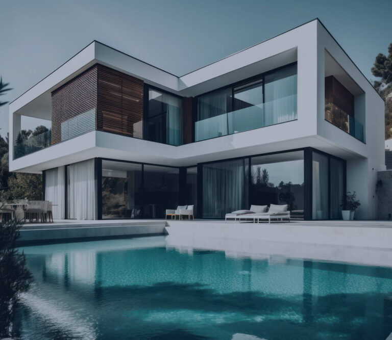 Modern white villa with large glass windows, wooden accents, and an infinity pool reflecting the blue sky.