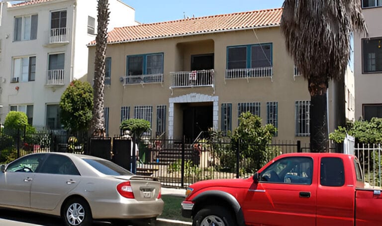 A two-story apartment building.