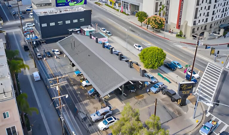 Aerial view of a gas station.