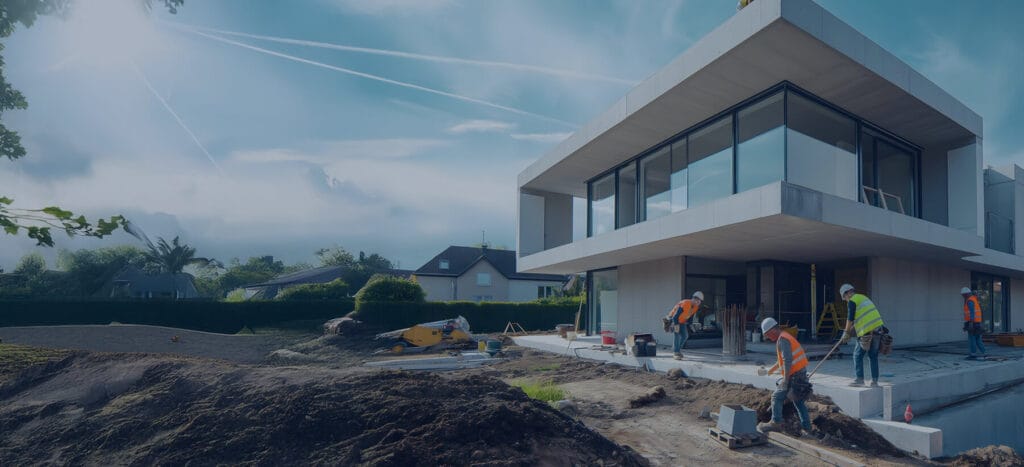 Construction workers in safety gear work on a modern home with large windows, surrounded by soil and machinery under a clear blue sky.