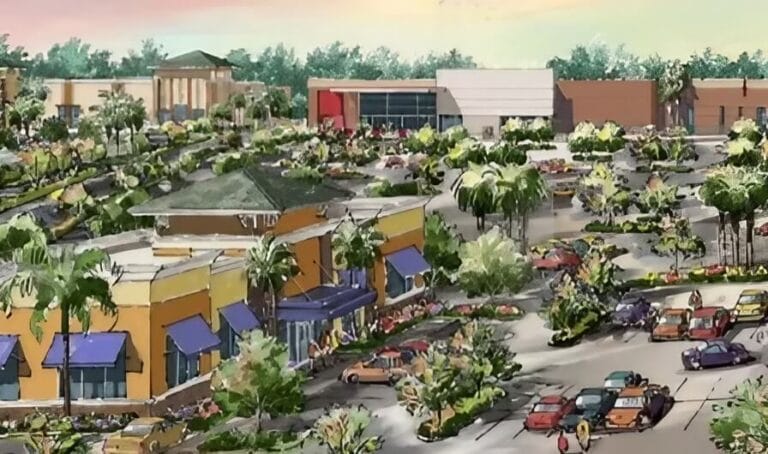 Illustration of a vibrant outdoor shopping center with palm trees, colorful storefronts, and a bustling parking lot under a pink sky.