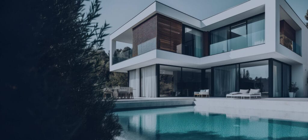 Modern house featuring a pool and expansive glass walls, showcasing a sleek architectural design.