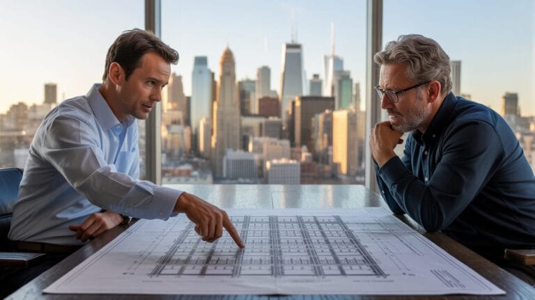 Solomon Stanley reviewing commercial real estate financing strategy with advisor in office overlooking downtown skyline