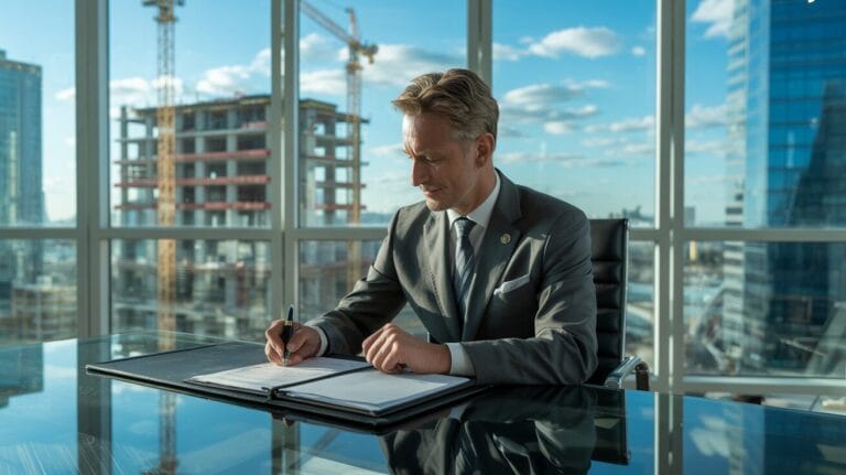 Real estate developer closing a bridge loan for a commercial project in downtown office setting for Solomon Stanley Financial